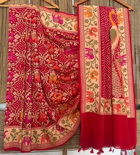 Cherry Red handwoven bareek Rai bandhani saree meenakari jaal with khaddi georgette
