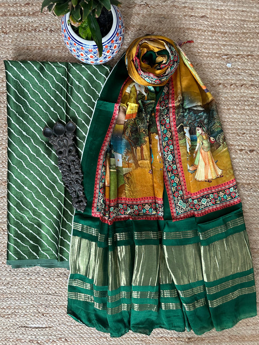 GREEN LEHERIYA MASHRU SILK KURTA WITH PATOLA HANDCRAFTED MODAL SILK DUPATTA PS-1