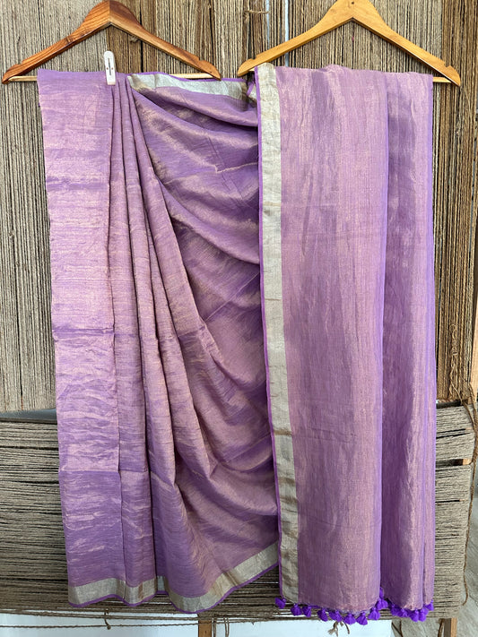LEVENDER PURPLE GOLDEN METALLIC LINEN SARI WITH WOVEN BORDER & TASSELS ML-2