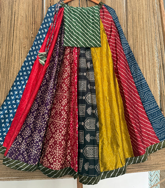 Mustard mashru silk blouse-with bandhani Patola patchwork handcrafted mashru silk Skirt
