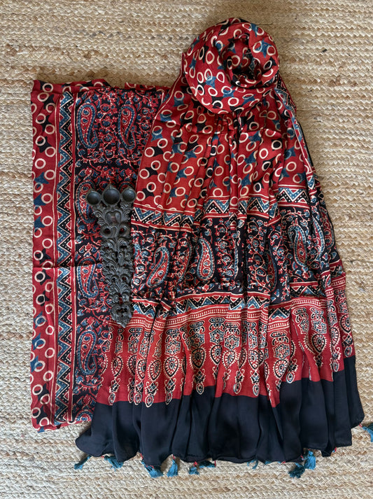 RED AJRAKH MODAL SILK HANDBLOCK KURTA SET