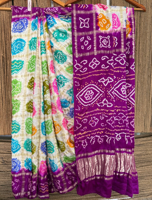 Purple & Multi Colour Gajji silk gharchola rai bandhani Gajji sari