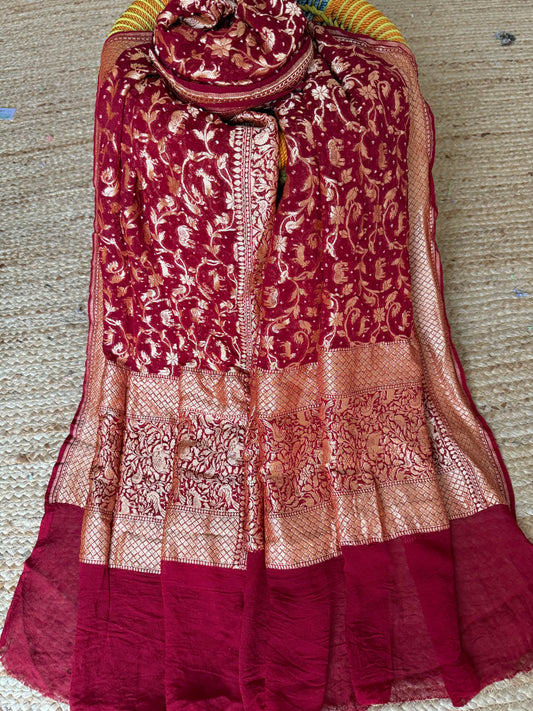 Brunt Maroon Handwoven NeemZari Bareek Bandhani in Khaddi Georgette dupatta BD-1080
