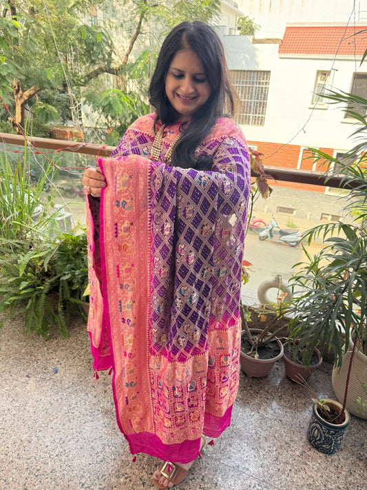 Hot pink and PURPLE ombré Handwoven Bareek Bandhani in Meenakari Jaal Premium Georgette dupatta