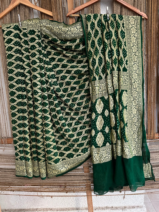 Green Handwoven Neem Zari Bareek Bandhani Saree with Khaddi Georgette BS -62