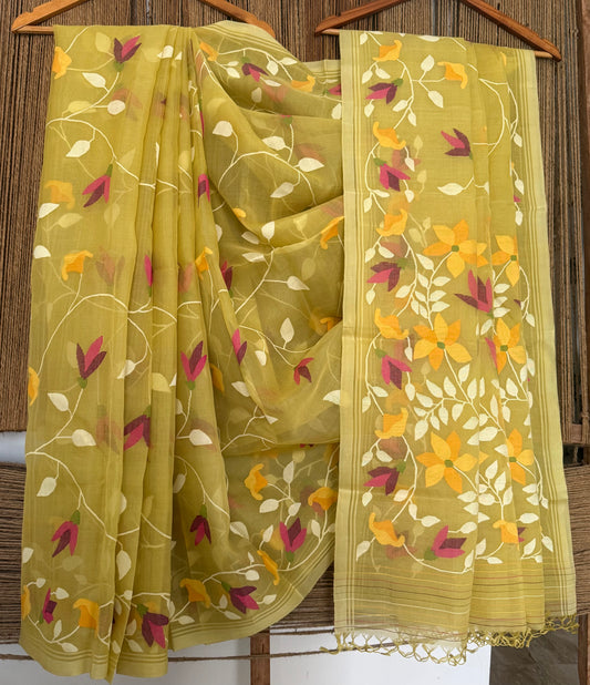 Yriel Yellow Jaal jamdani handwoven pure muslin silk sari mjs-6