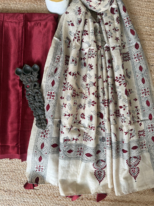 Maroon Solid mashru silk kurta with Natural Beige kantha work hand embroidery Pure Tussar Silk dupatta