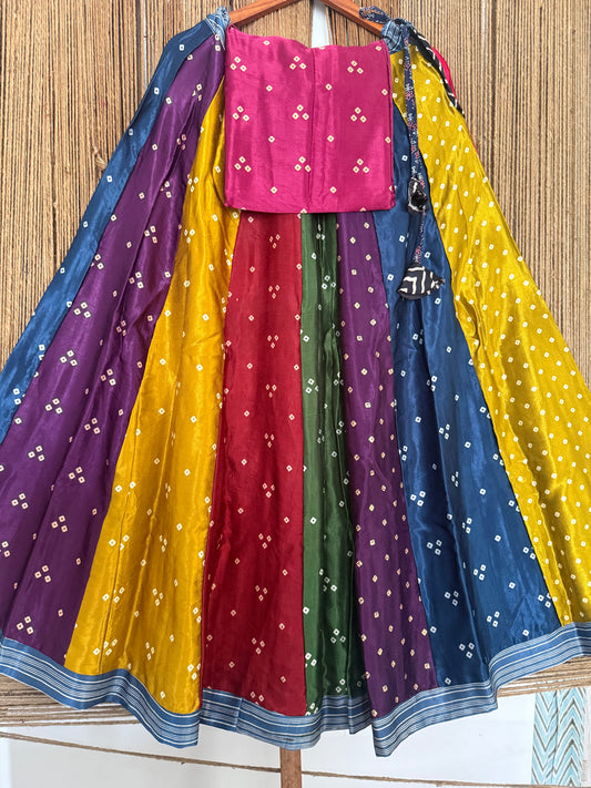 Purple mashru silk blouse-with Multicolour patchwork handcrafted mashru silk Skirt