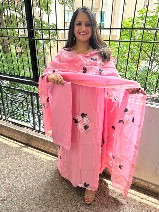 BABY PINK CHANDERI HAND BLOCK SUIT SET