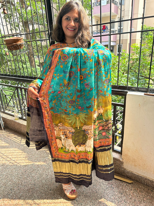 TURQUOISE BLUE PICHWAI PATOLA PRINT MODAL SILK DUPATTA