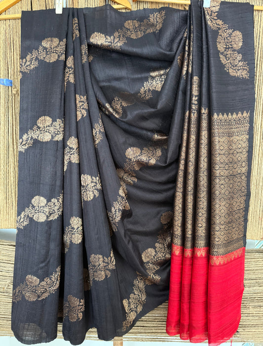 Sable Black Raw Silk Certified Handloom Banarsi sari With Woven Zari