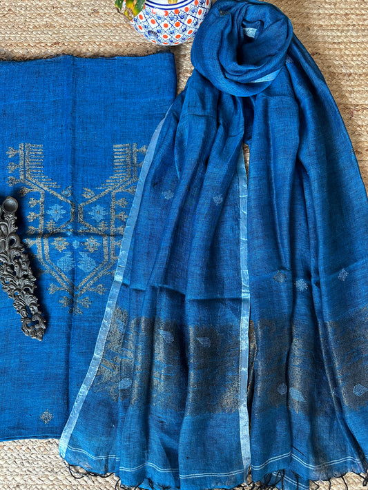 TEAL BLUE WOVEN LINEN KURTA SET LJS- 1016