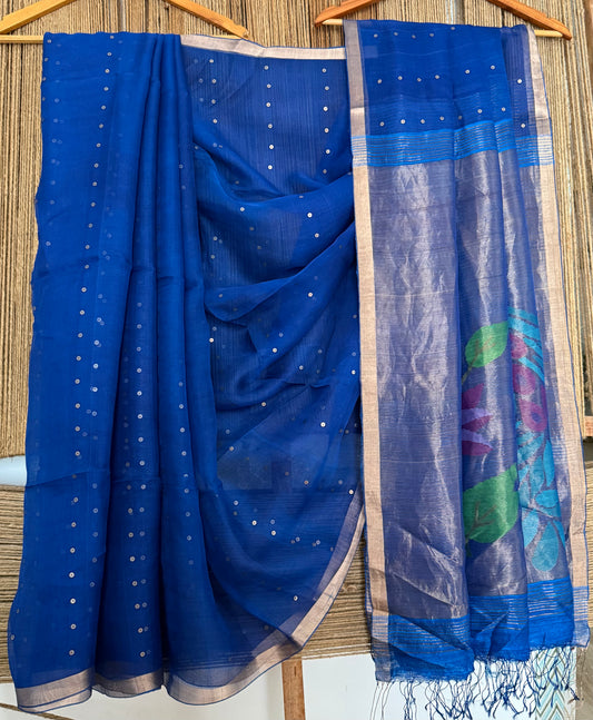 Midnlght Blue Jamdani sequence work handwoven pure muslin silk sari With Matka Silk Blouse Piece