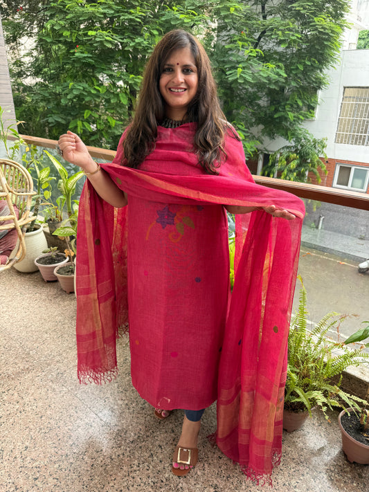 Cerise Pink jamdani linen kurta set