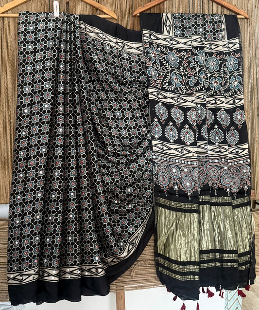 SABLE BLACK AJRAKH HANDCRAFTED MIRROR WORK MODAL SILK SARI WITH ZARI PALLU