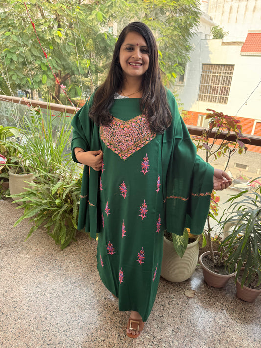 GREEN THREE PIECE EMBROIDERED WORK MERINO WOOL UNSTITCHED SUIT SET WITH HAND EMBROIDERY (AARI WORK / SOZNI) WS -1