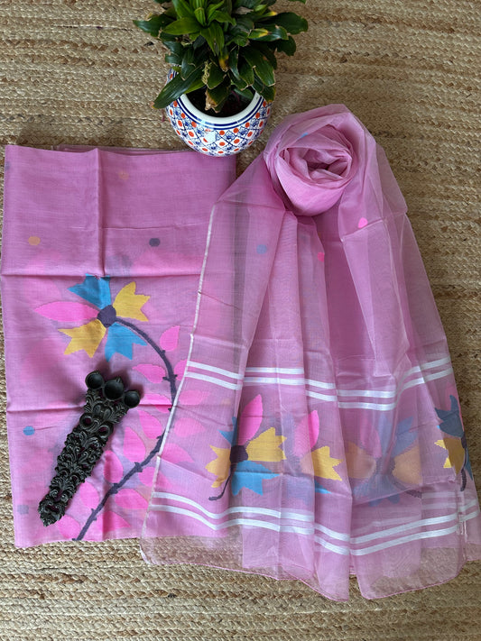 Flamingo pink handwoven jamdani pure muslin silk kurta set mjk-55