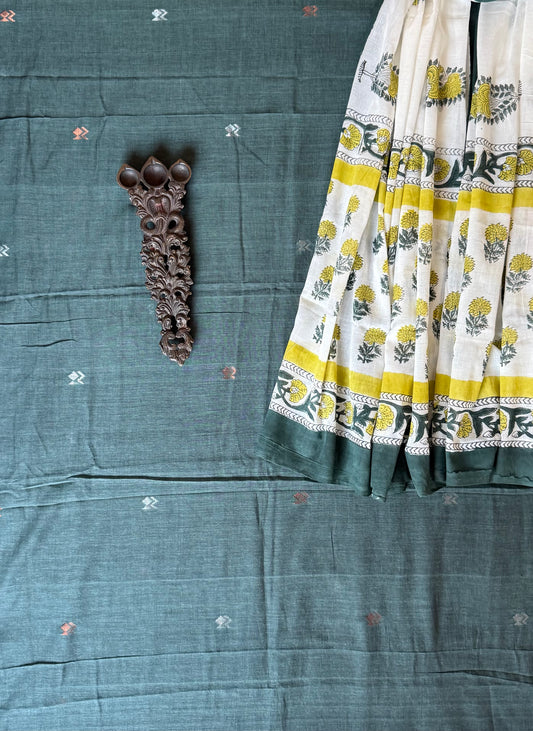 MYRTLE GREEN JAMDANI HAND WOVEN MULL COTTON KURTA BLOCK PRINT COTTON DUPATTA