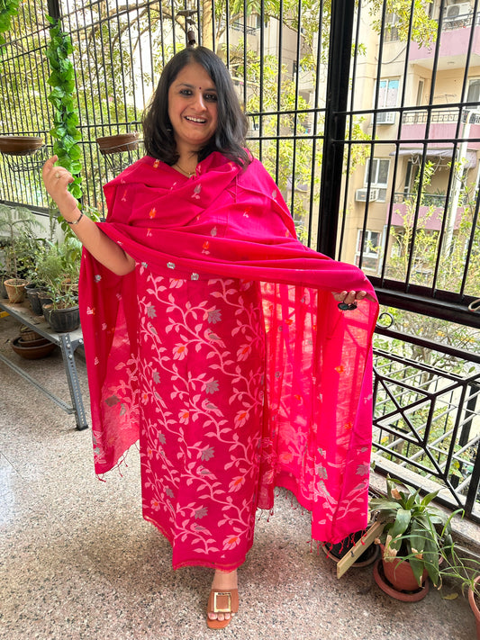 MAGENTA PINK ALL OVER WOVEN MULL KURTA SET JAK- 8