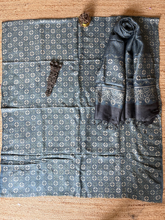 Indigo blue ajrakh tussar silk handblock suit set tss- 18