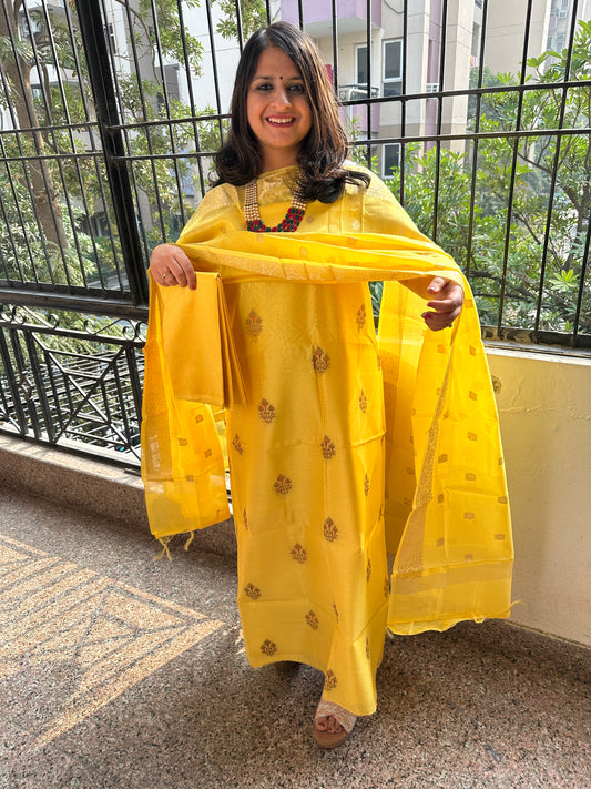 Bright Yellow Chanderi handloom Banarsi Booti three piece suit