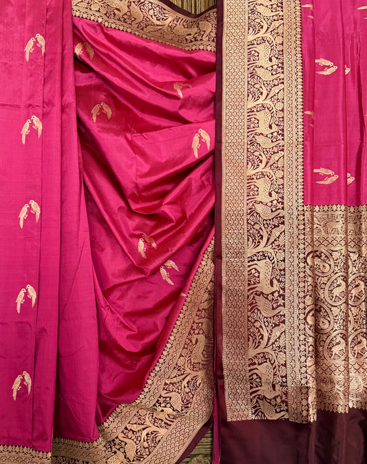 French Pink Katan silk certified handloom banarsi sari with woven zari