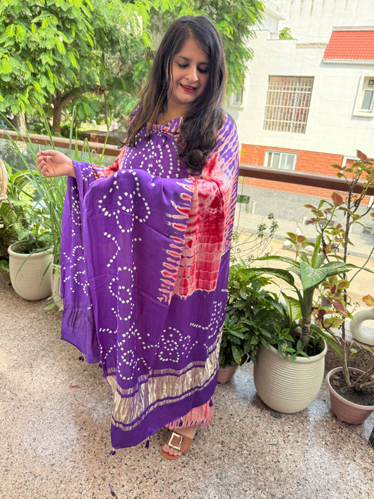 Purple & peach Modal Silk Shibori Kurta with Bandhani Shibori  handcrafted Modal Silk Dupatta sbs-1