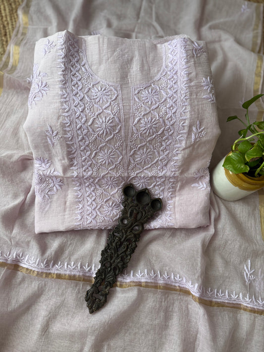 VERY LIGHT PURPLE PREMIUM MULL CHANDERI LUCKNOWI CHICKENKARI HAND EMBROIDERY THREE PIECE SUIT
