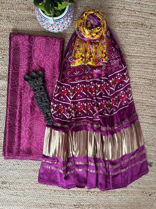 Magenta purple mashru silk kurta with patola handcrafted modal silk dupatta ps-30