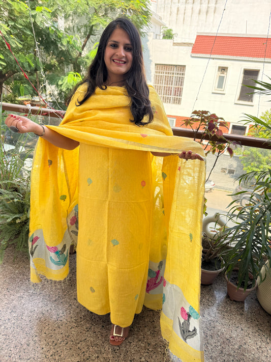MANGO YELLOW WOVEN LINEN  KURTA SET LJS- 203