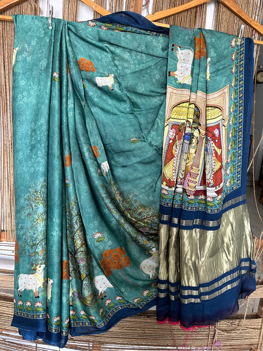 TURQUOISE BLUE PICHWAI MODAL SILK PRINT SARI WITH ZARI BORDER PMS- 1034