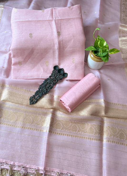 Lemonade Pink Linen handloom banarsi kadwa booti meenakari three piece suit