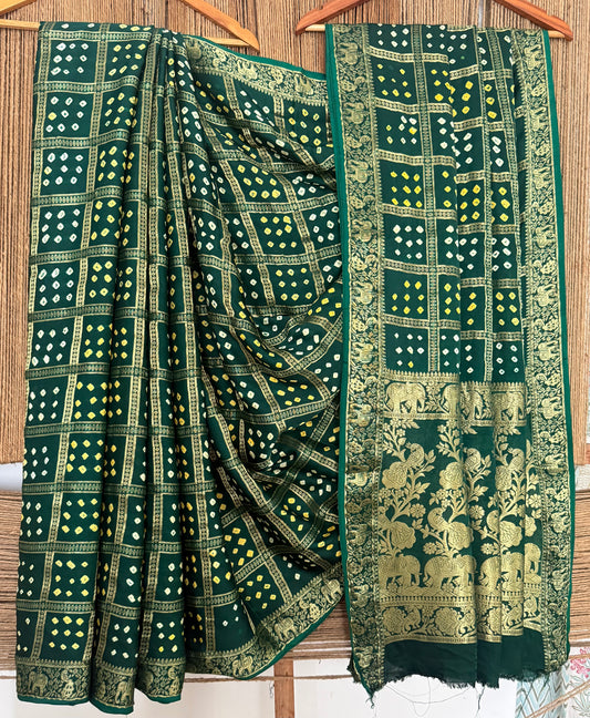 Forest Green modal silk gharchola bandhani sari