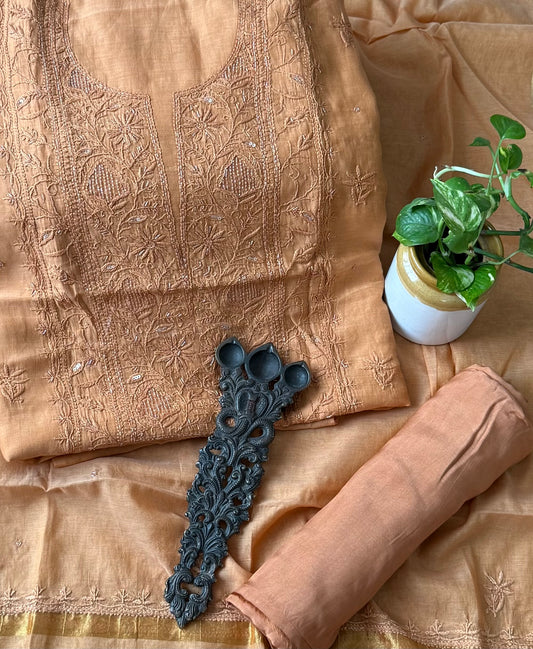 DAISY EMBROIDERY PREMIUM MULL CHANDERI LUCKNOWI CHICKENKARI WITH MOTI WORK HAND EMBROIDERY THREE PIECE SUIT