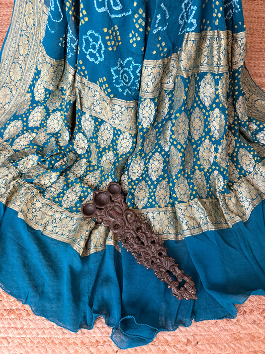 Stark Teal Blue handwoven neemzari bareek bandhani in khaddi georgette dupatta