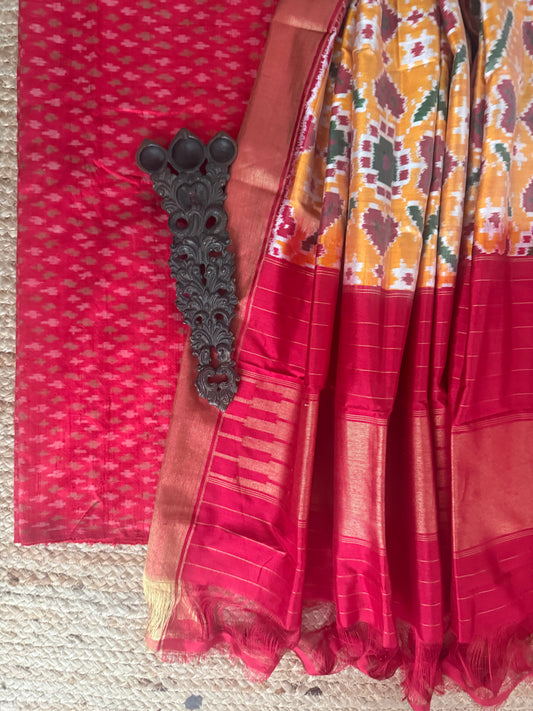 RED RAW SILK IKKAT HANWOVEN KURTA WITH IKKAT PATOLA PURE SILK HANDWOVEN DUPATTA