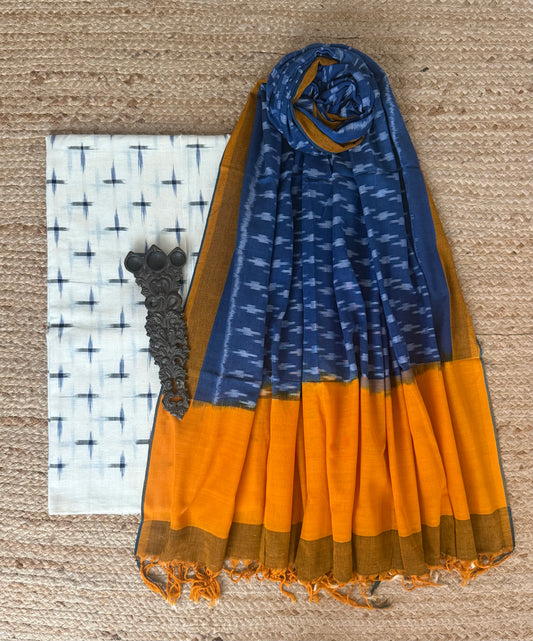 WHITE & BLUE MERCHANDISE COTTON HANWOVEN KURTA WITH IKKAT PURE COTTON SILK PATOLA HANDWOVEN DUPATTA