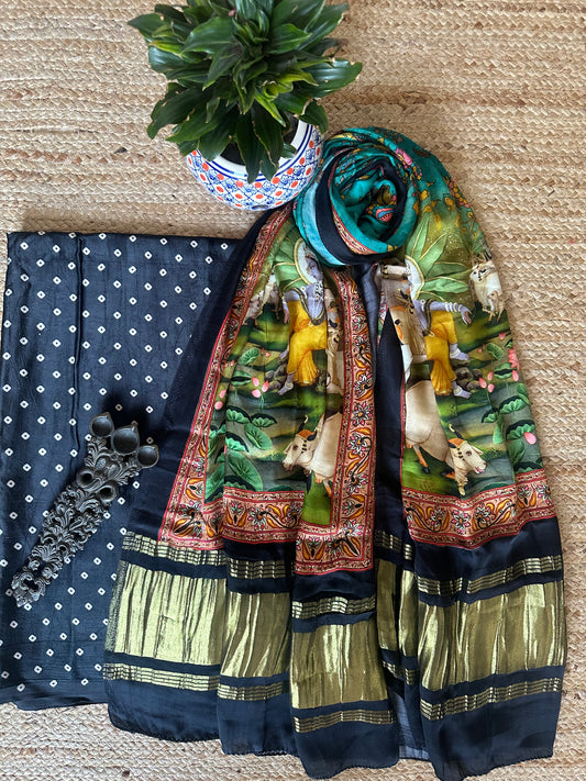 BLACK MASHRU SILK KURTA WITH PATOLA HANDCRAFTED MODAL SILK DUPATTA PS- 1048