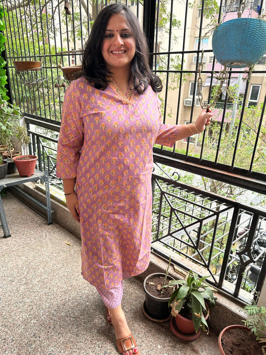 PURPLE COTTON HANDBLOCK HANDCRAFTED KURTA WITH BORDER