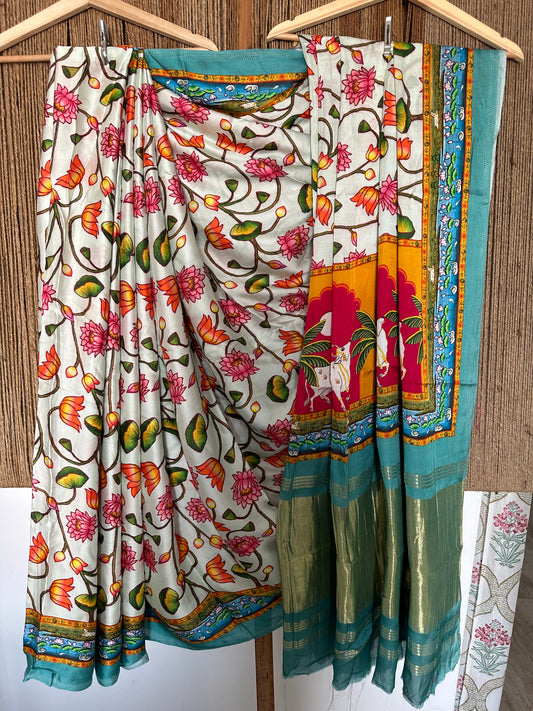 CREAM SKY BLUE MODAL SILK PICHWAI SARI WITH ZARI BORDER PMS- 1028