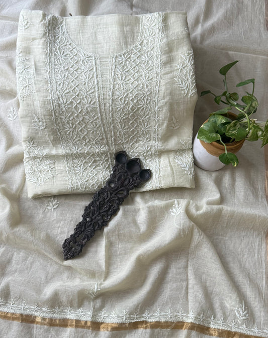 PALE YELLOW PREMIUM MULL CHANDERI LUCKNOWI CHICKENKARI HAND EMBROIDERY THREE PIECE SUIT