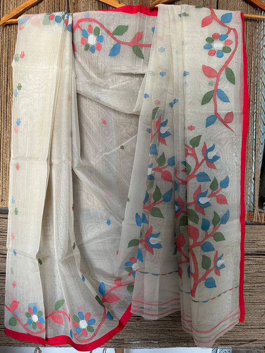 IVORY & RED BORDER JAMDANI HANDWOVEN PURE MUSLIN SILK SARI MJS 38