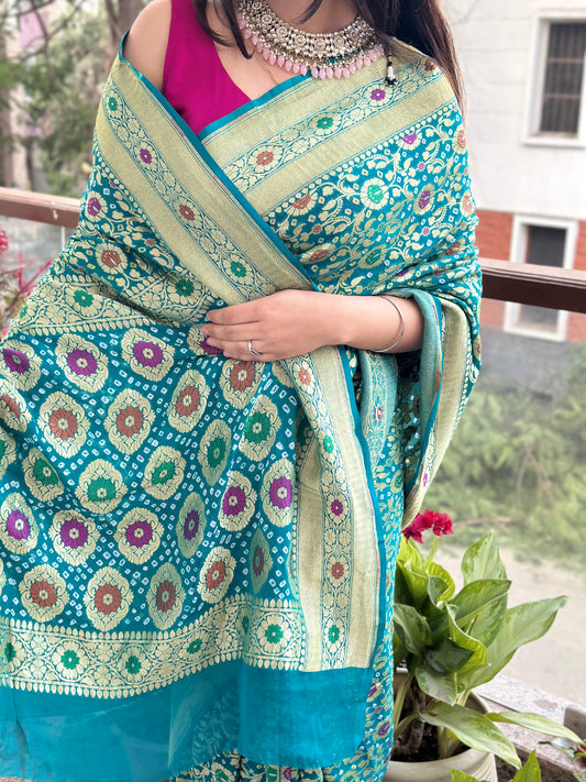 Turquoise blue handwoven neem zari bareek bandhani saree with khaddi georgette with meenakari work bs- 48