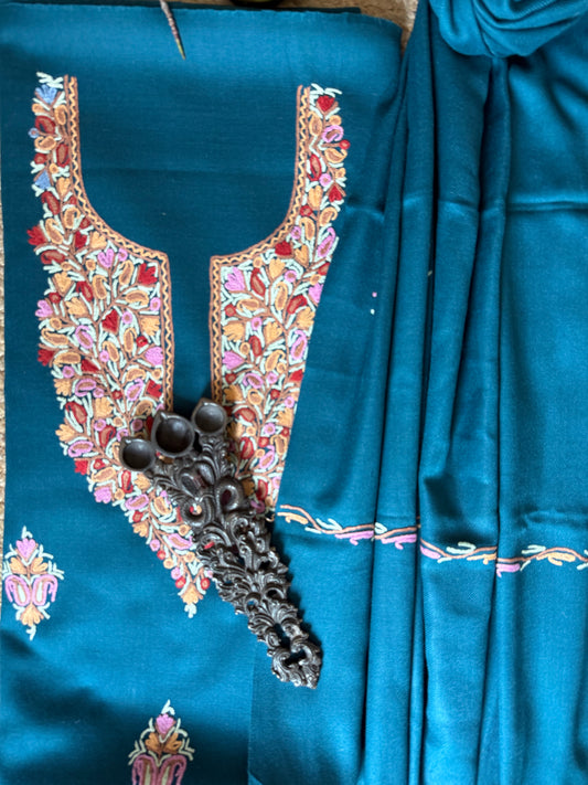 PEACOCK BLUE THREE PIECE EMBROIDERED WORK MERINO WOOL UNSTITCHED SUIT SET WITH HAND EMBROIDERY (AARI WORK / SOZNI) WS -8