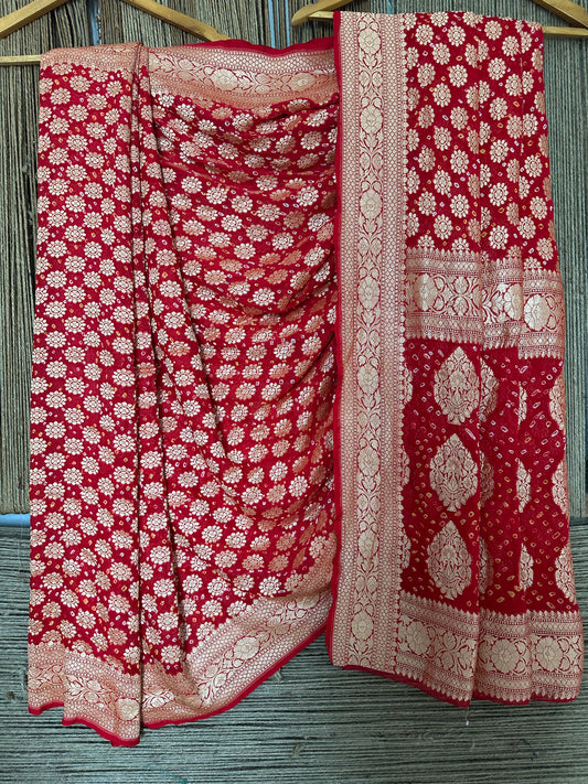 Love Red Handwoven Neem Zari Bareek Bandhani Saree with Khaddi Georgette BS- 8