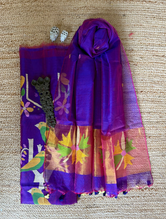 GRAPE PURPLE HANDWOVEN JAMDANI PURE MUSLIN SILK KURTA SET MJK-108