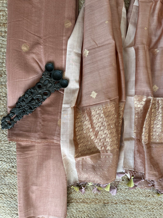 Dusty pink Katan silk certified handloom Banarsi Booti three piece suit