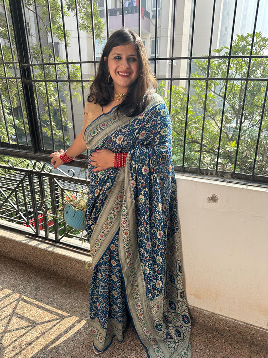 Blue Handwoven Neem Zari Bareek Bandhani Saree with Khaddi Georgette with Meenakari Work BS- 50