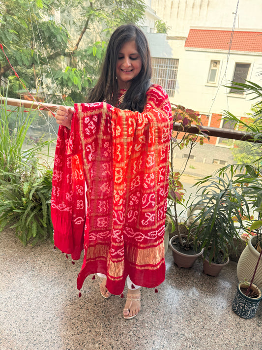 ORANGE & RED HANDWOVEN HANDCRAFTED GAJJI SILK GHARCHOLA DUPATTA GGD-4