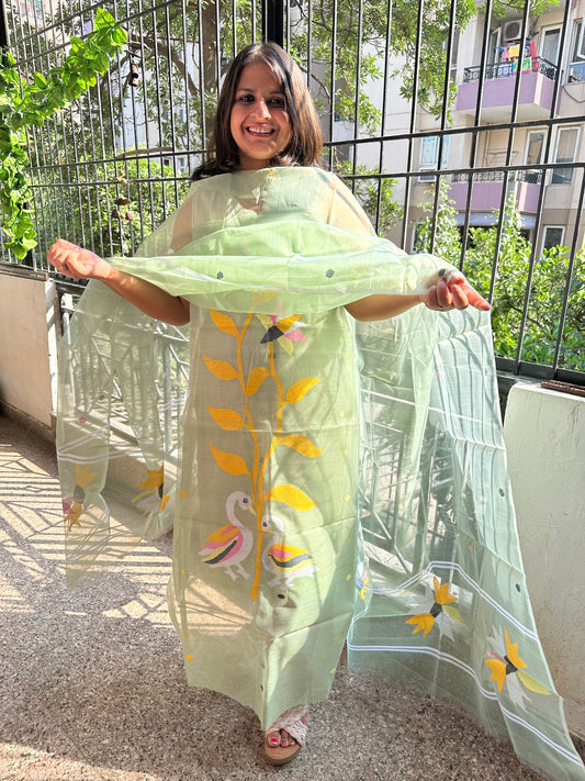 OLIVE GREEN HANDWOVEN PURE MUSLIN SILK KURTA SET MJK -19